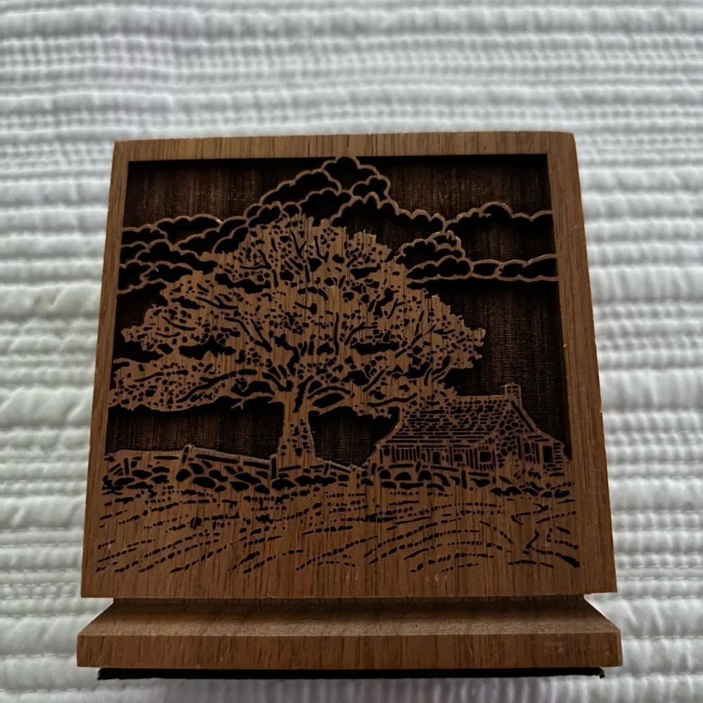Laser craft Wooden Walnut Tree and Cottage Art Decor pen pad Holder. Etched Desi